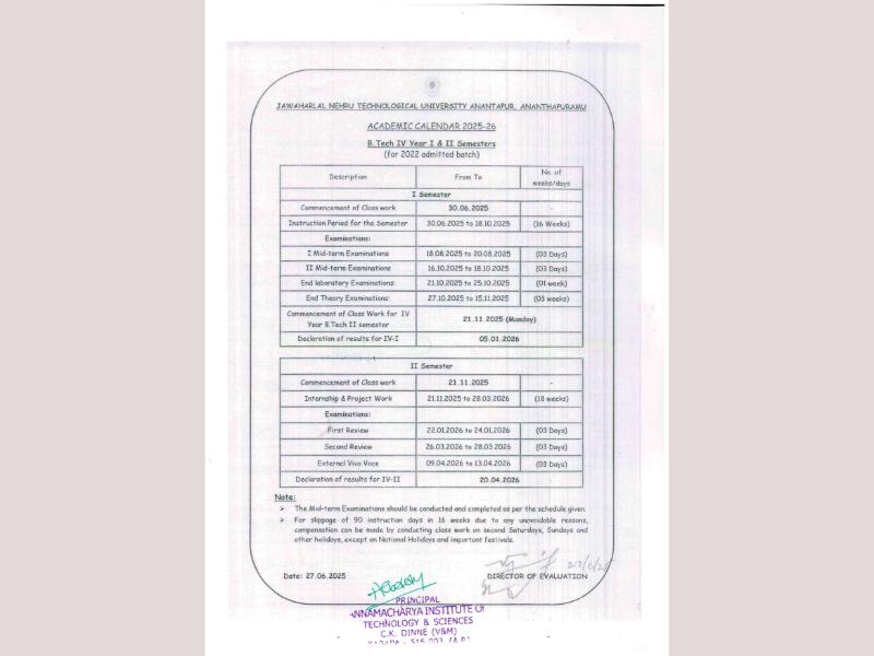 B.Tech IV Year Academic Calendar 2025-2026